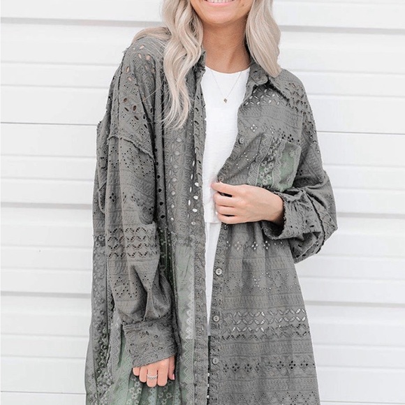 Duffel Green Eyelet Pattern Patchwork Oversized Button Up Shacket Bohemian style - Picture 8 of 15